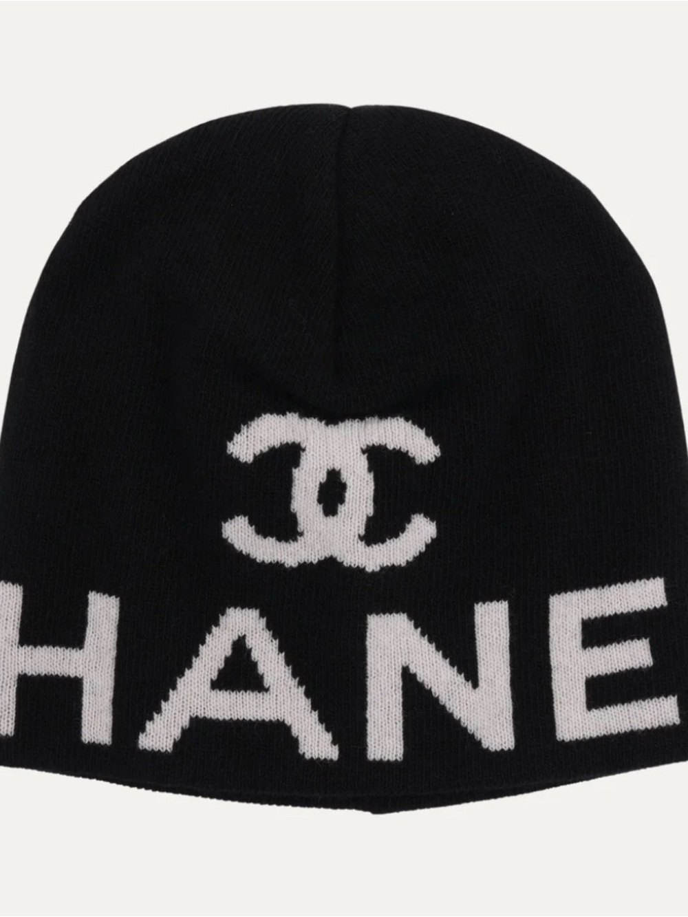 CHANEL Black and White Logo Knit Beanie